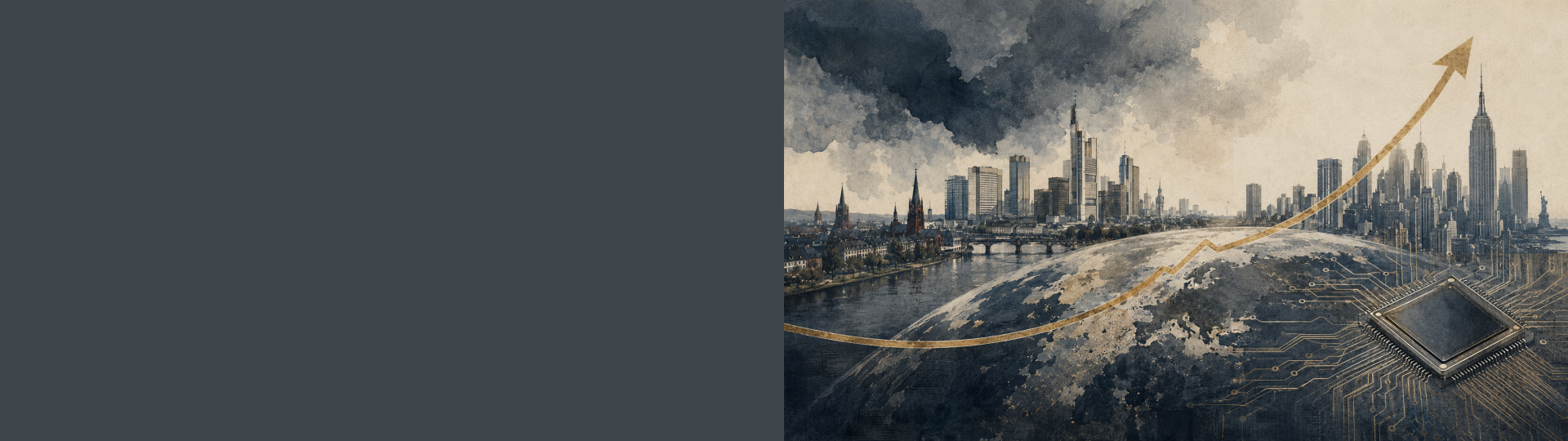 Das Bild zeigt eine futuristische Stadtlandschaft. Im Hintergrund ist eine Skyline zu sehen, die von einer riesigen Kurve überragt wird, die in den Himmel steigt und möglicherweise Wachstum symbolisiert. Im Vordergrund ist ein Mikrochip zu sehen, der in die Erde eingebettet zu sein scheint. Dies könnte die Verbindung zwischen Technologie und der Erde darstellen.