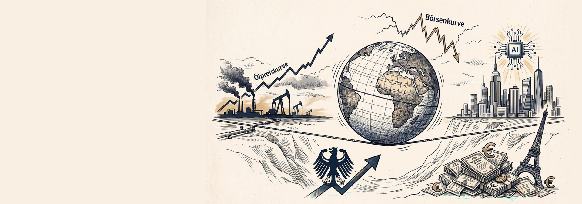 Das Bild zeigt eine symbolische Darstellung der Weltwirtschaft. In der Mitte befindet sich eine Weltkugel (mit Fokus auf Europa und Afrika). Links sieht man Industrien und Fabriken mit aufsteigenden Diagrammlinien, was auf Wirtschaftswachstum oder Industrieentwicklung hindeutet. Rechts sind hohe Gebäude, ein Bitcoin-Symbol, ein Aktienchart und ein weiteres Diagramm mit Schwankungen zu erkennen, was moderne Finanzmärkte symbolisiert. Unten rechts sind Münzen, Goldbarren und der Eiffelturm zu sehen, die für Wohlstand, Geld und internationale Verbindungen stehen. Insgesamt vermittelt das Bild Themen wie Globalisierung, wirtschaftliches Wachstum, Finanzmärkte und industrielle Entwicklung.