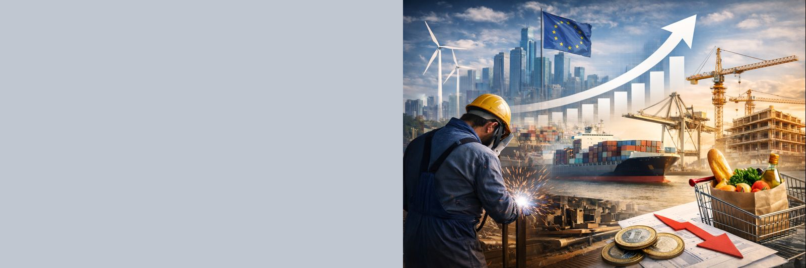 Das Bild stellt verschiedene Elemente der Wirtschaft und des Fortschritts dar. Es zeigt einen Bauarbeiter bei der Arbeit, Gebäude im Bau, einen Lastwagen, einen Hafen mit Containerschiffen, und einen Korb mit Lebensmitteln, der auf einem steigenden Pfeil steht. Im Hintergrund ist eine moderne Stadtlandschaft zu sehen, zusammen mit Windkraftanlagen. Ein großer aufwärts gerichteter Pfeil symbolisiert Wachstum, und die europäische Flagge ist über dem Stadtbild zu sehen, was möglicherweise auf Wirtschaftswachstum in Europa hinweist.