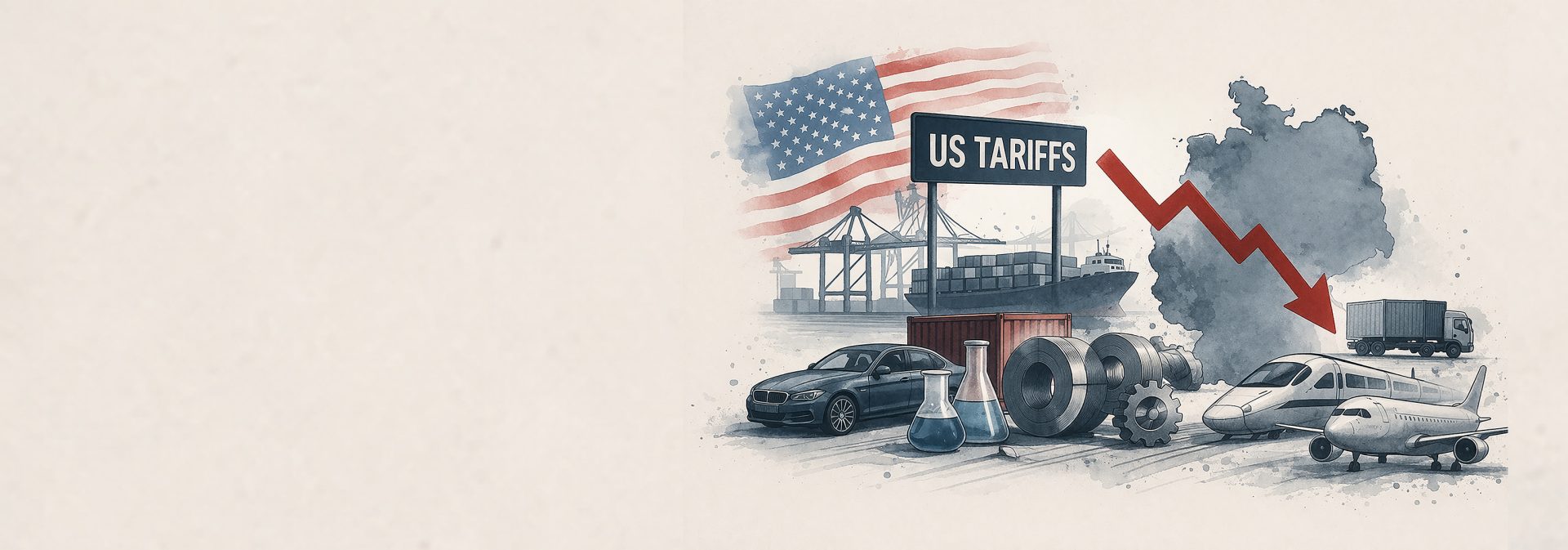 Das Bild stellt die Auswirkungen von US-Zöllen auf verschiedene Transportmittel und die Wirtschaft dar. Es zeigt eine amerikanische Flagge, ein Schild mit "US Tariffs", einen Hafen mit Containern und ein Handelsschiff, verschiedene Fahrzeuge wie Autos, Flugzeug und Reifen, sowie einen roten Abwärtspfeil, der auf wirtschaftliche Rückgänge hinweist. Im Hintergrund ist die Silhouette eines Landes oder Kontinents, möglicherweise symbolisch für die betroffenen Regionen oder Länder.