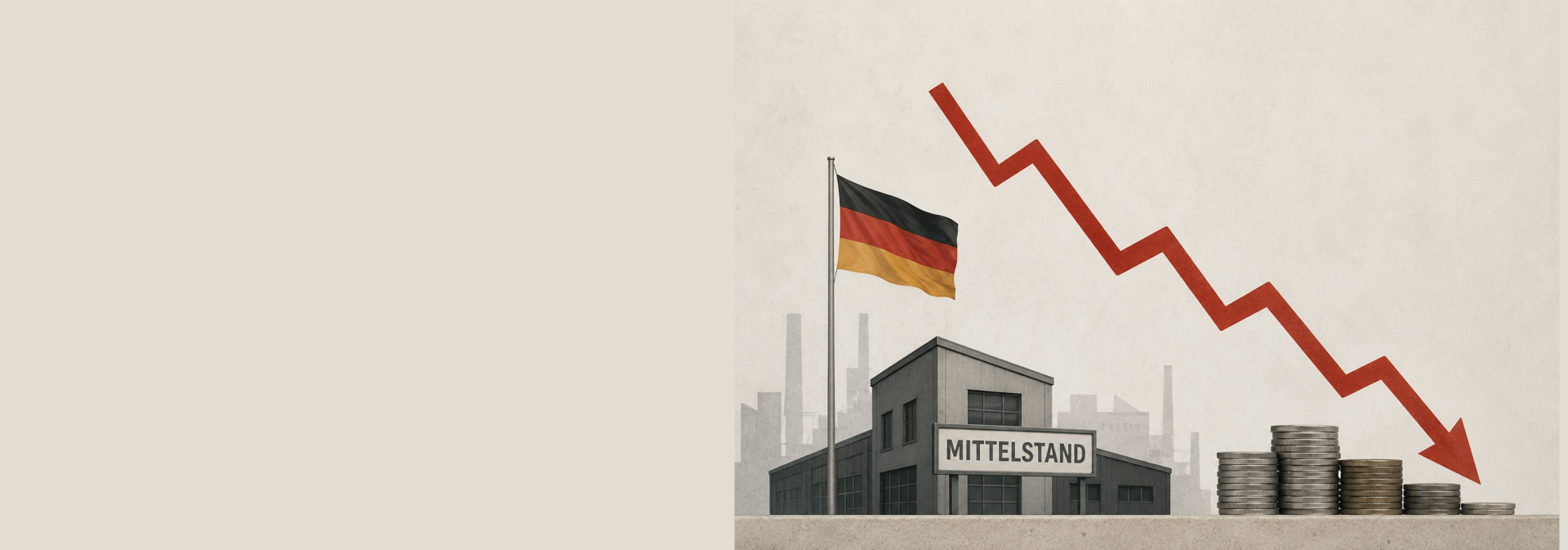 Das Bild zeigt eine Fabrik mit der deutschen Flagge und dem Schild "Mittelstand", daneben einige Münzen/Stapeln und einen roten, abwärts gerichteten Pfeil. Es symbolisiert einen wirtschaftlichen Rückgang oder eine Krise im deutschen Mittelstand.