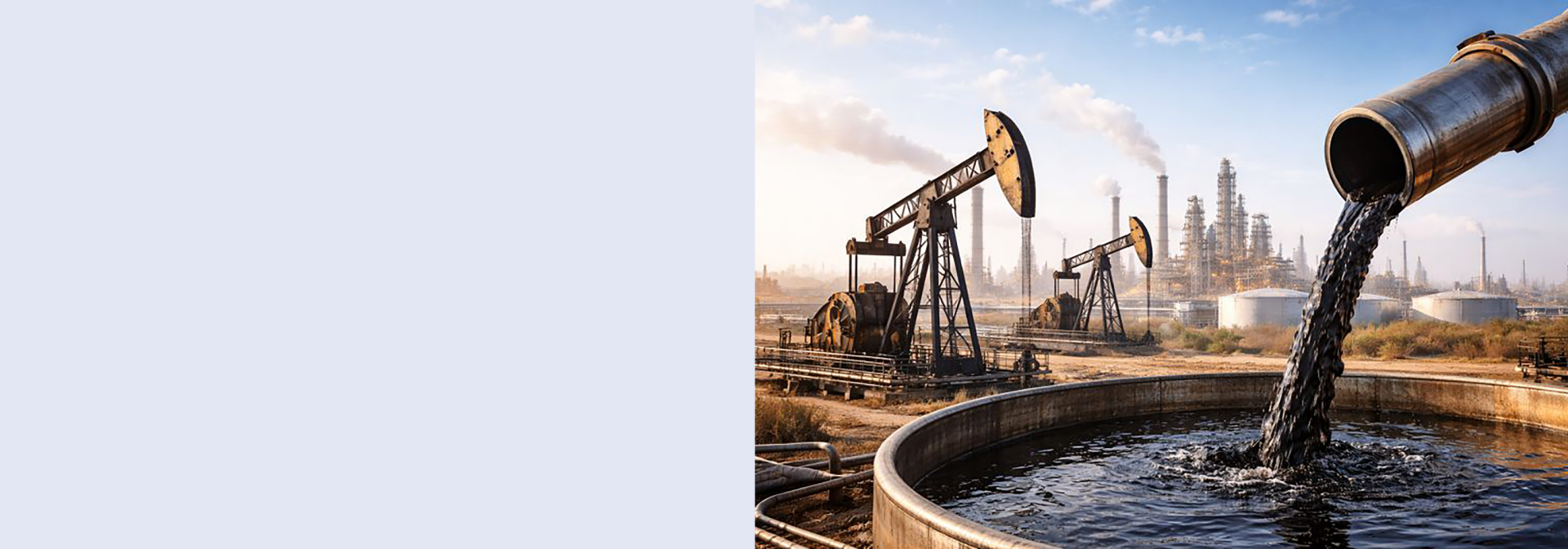 Das Bild zeigt eine Ölraffinerie-Szene. Auf der rechten Seite ist eine industrielle Umgebung mit Ölpumpen und einem Rohr, das Öl in einen Behälter gießt, zu sehen. Im Hintergrund befinden sich mehrere Pumpen und ein Gebäude oder eine Industrieanlage, die zu einer Raffinerie gehören könnte.