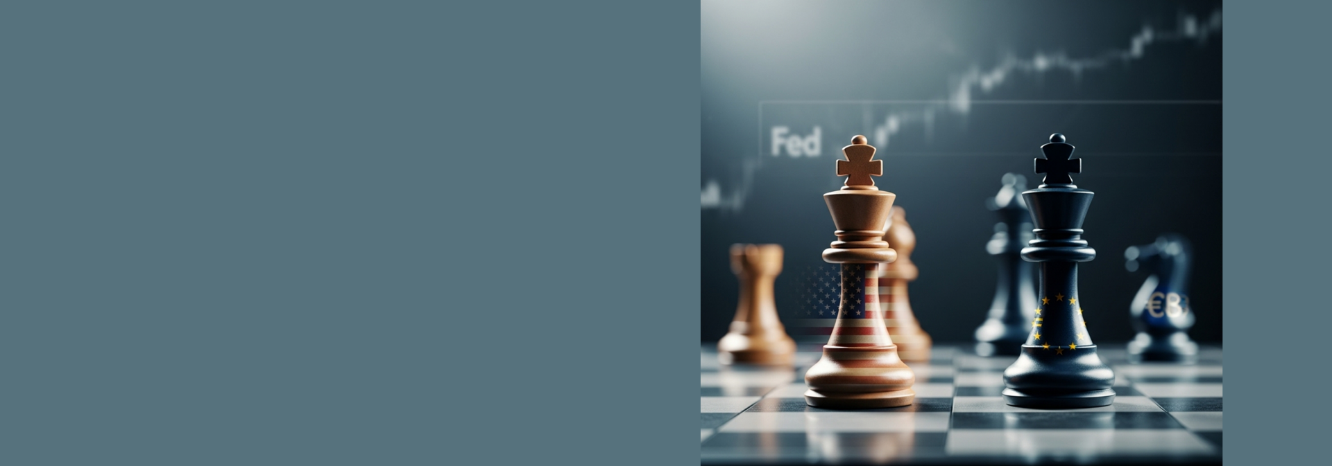 Das Bild stellt ein Schachspiel dar, bei dem mehrere Schachfiguren, darunter Könige, strategisch auf einem Schachbrett positioniert sind. Im Hintergrund sind Diagramme oder Graphen mit Finanz- oder Wirtschaftskurven zu sehen, die auf den Einfluss wirtschaftlicher Entscheidungen oder Finanzmärkte hinweisen. Die Worte "Fed" (wahrscheinlich im Zusammenhang mit der Federal Reserve) sind ebenfalls sichtbar, was darauf hindeutet, dass das Bild eine Metapher für die strategische Natur wirtschaftlicher oder finanzieller Entscheidungen ist.