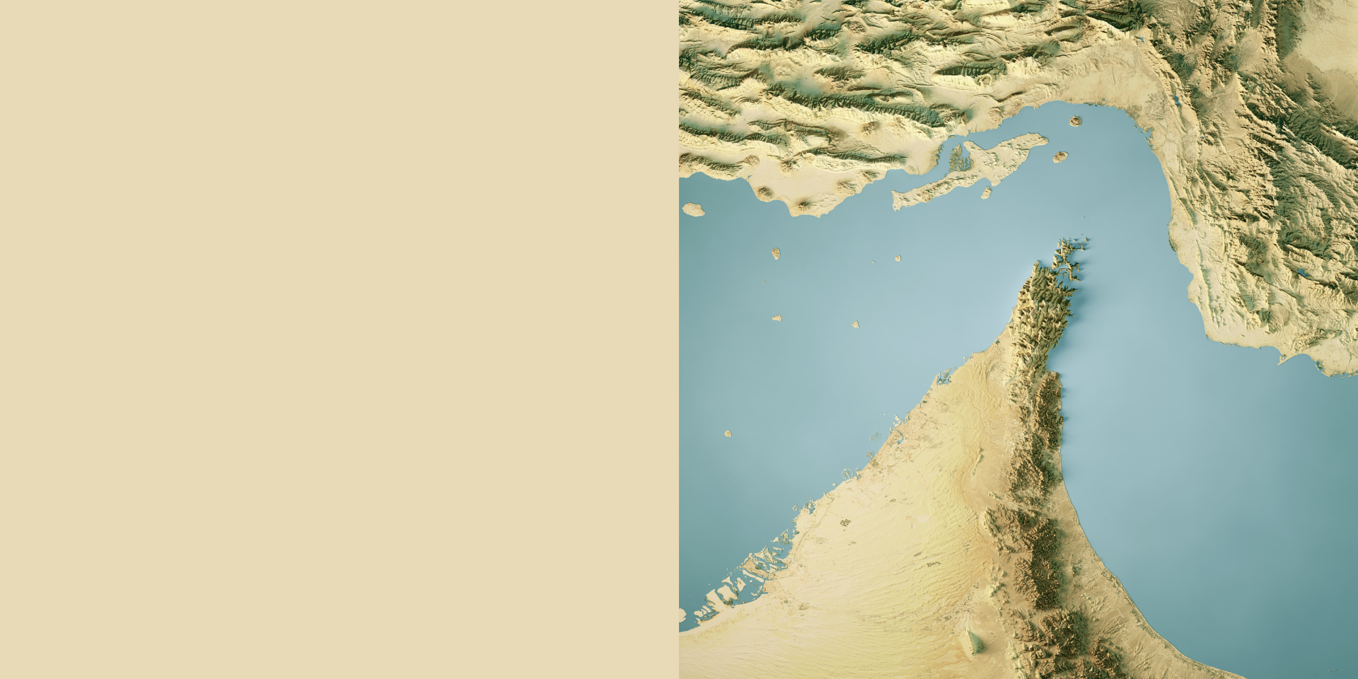 Das Bild zeigt eine Satellitenansicht oder eine künstlerische Darstellung einer geografischen Region, wahrscheinlich einen Teil des Nahen Ostens mit Wüstenlandschaften und Küstenlinien. Es gibt einen deutlichen Kontrast zwischen Land und Meer. Genauer gesagt könnte es sich um einen Teil der Arabischen Halbinsel handeln.