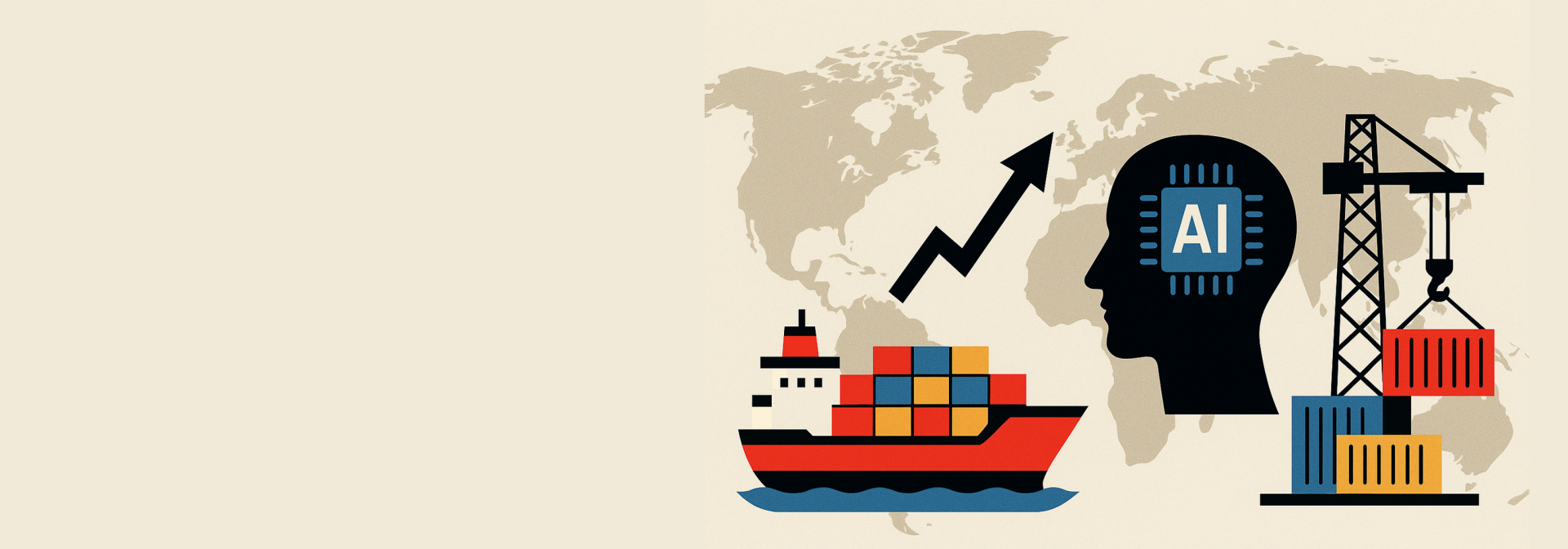 Das Bild stellt verschiedene Elemente dar, die zusammen die Verbindung zwischen künstlicher Intelligenz und globalem Handel symbolisieren. 

**Elemente im Bild:**

1. **Schiff mit Containern:**
   - Symbolisiert den internationalen Warentransport und Handel.
   - Darstellung der Logistik und des Warenflusses um die Welt.

2. **Landkarte im Hintergrund:**
   - Verdeutlicht die globale Reichweite des Handels und den internationalen Aspekt.
   - Dient als Hintergrund, um die weltweite Vernetzung zu illustrieren.

3. **Kran:**
   - Zeigt den Prozess der Verladung und den Zugang zu Gütern.
   - Repräsentiert Industrialisierung und Infrastrukturentwicklung.

4. **Schatten eines Kopfes mit AI-Chip:**
   - Verkörpert die Anwendung künstlicher Intelligenz im Handel.
   - Betont die Rolle von AI bei Marktanalysen und Entscheidungsprozessen.

5. **Pfeil nach oben:**
   - Symbolisiert Wachstum und Fortschritt.
   - Dies könnte auf die steigende Bedeutung und Nutzen von AI im internationalen Handel hinweisen.

Alles in allem zeigt das Bild, wie globale Handelsprozesse durch Technologie und Innovation, insbesondere künstliche Intelligenz, unterstützt und optimiert werden. Es wirft ein Licht auf die fortschreitende Integration moderner Technologien in traditionelle Wirtschaftspraktiken.
