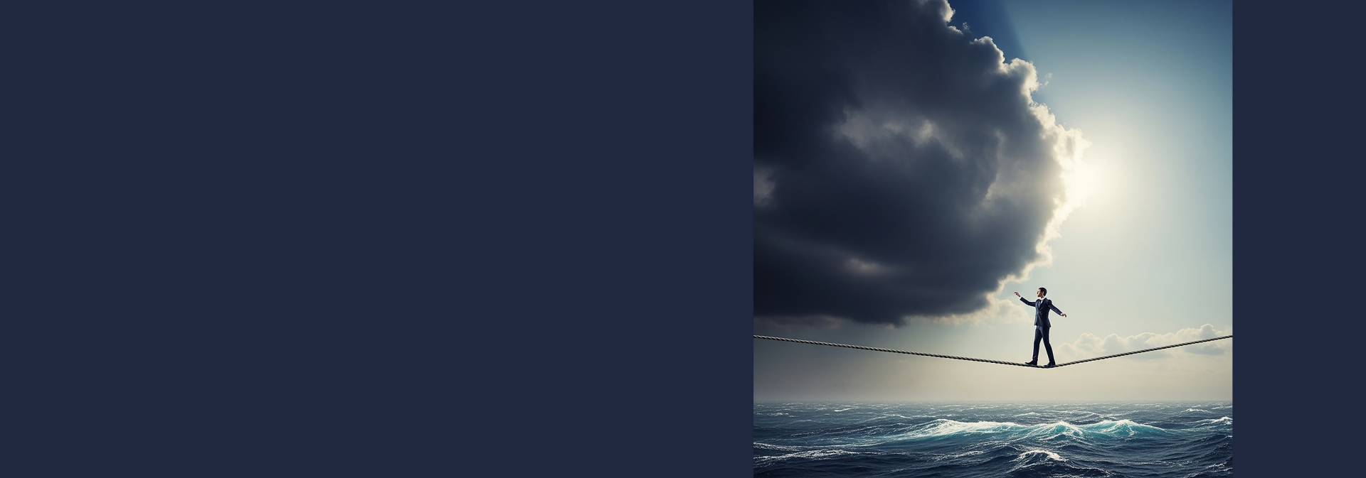 Das Bild zeigt eine Person, die über ein Seil balanciert, das über ein Wasser gespannt ist. Die Szene ist von dramatischen Wolken und einer kontrastierenden Lichtquelle, möglicherweise Sonne oder ein heller Lichtschein, erleuchtet. Die Kulisse vermittelt ein Gefühl von Abenteuer, Risiko und Balance, wobei die Person möglicherweise symbolisieren könnte, wie man durch Herausforderungen im Leben navigiert oder die Balance zwischen unterschiedlichen Kräften hält. Das Bild könnte auch metaphorisch für die Unsicherheit und die Gefahren stehen, die eine Person überwinden muss.