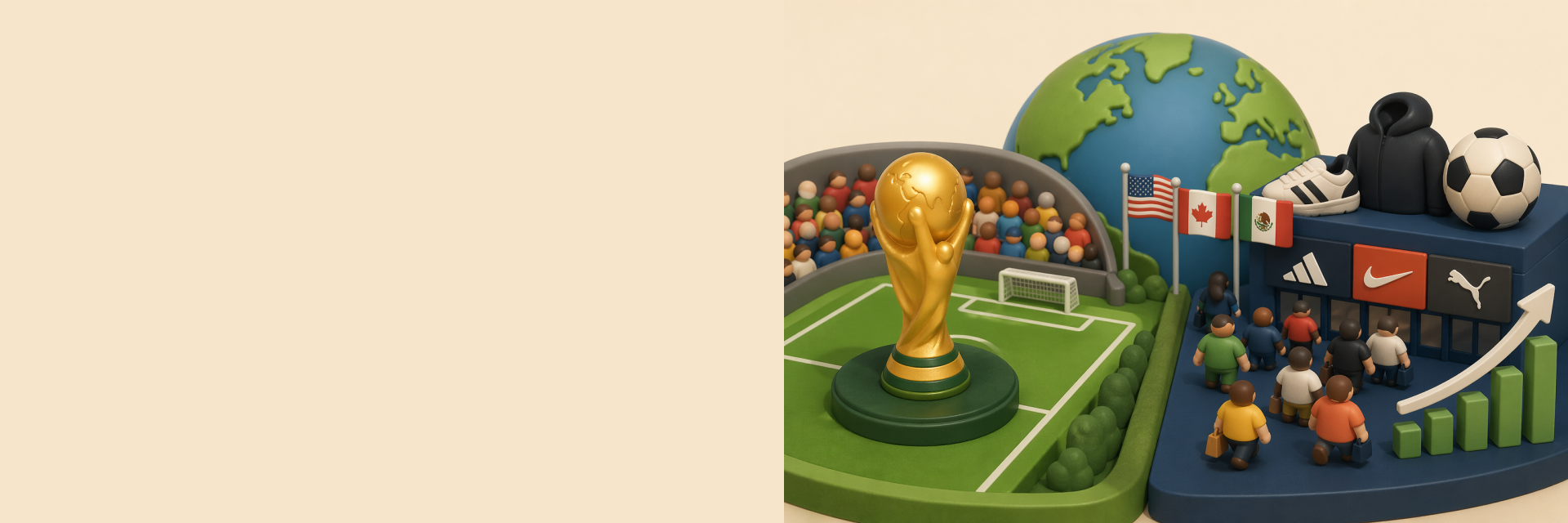 Das Bild stellt eine Darstellung des Fußballs dar, einschließlich eines Pokals (ähnlich wie der Weltpokal), einem Fußballfeld, Zuschauern, Flaggen verschiedener Länder, Sportausrüstung wie Fußballschuhe und einem Fußball sowie Markenlogos. Im Hintergrund ist eine Weltkugel zu sehen, die eine globale Fußballveranstaltung wie die Weltmeisterschaft symbolisieren könnte.