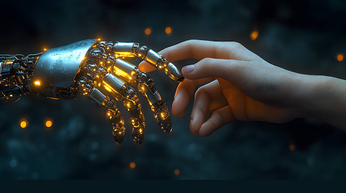 Das Bild zeigt die Hand eines Roboters, die sich einer menschlichen Hand nähert. Der Roboterarm ist metallisch und leuchtet an mehreren Stellen, während die menschliche Hand natürlich aussieht. Dies erinnert an das Thema der Verbindung zwischen Mensch und Technologie.