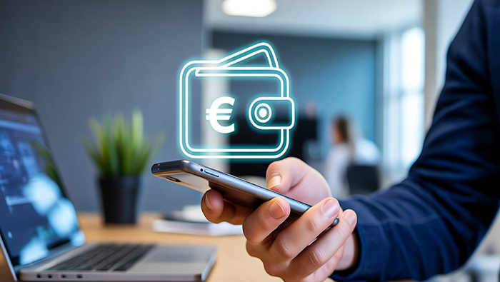 Das Bild zeigt eine Person, die ein Smartphone in der Hand hält. Im Vordergrund ist ein digitales Symbol eines Geldbeutels mit einem Euro-Zeichen darauf eingeblendet. Im Hintergrund sieht man unscharf einen Laptop und Büroutensilien. Das Bild steht sinnbildlich für digitales Bezahlen oder die Nutzung einer digitalen Geldbörse (E-Wallet) über mobile Geräte.