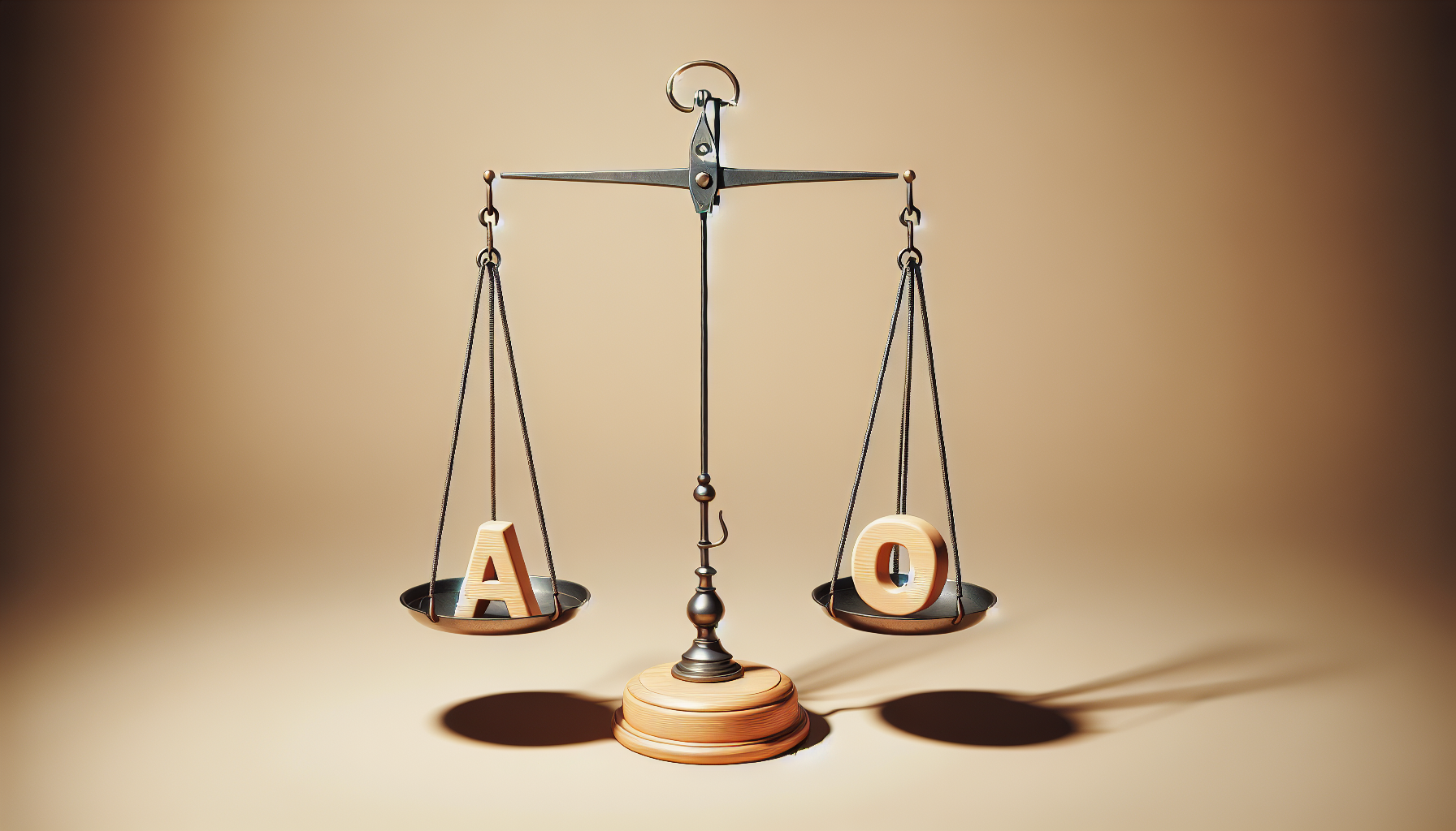 Das Bild zeigt eine Waage mit zwei Waagschalen, auf denen jeweils ein Buchstabe liegt. Auf der linken Schale befindet sich der Buchstabe "A" und auf der rechten Schale der Buchstabe "O". Die Waage symbolisiert Balance und Ausgleich, könnte als Metapher für eine gegenwärtige Entscheidung, Wahl oder Vergleich gesehen werden, in der zwei Optionen oder Elemente abgewogen werden müssen. Es könnte auch ein Hinweis auf gegenseitige Abhängigkeit oder die Bedeutung von beiden Buchstaben in einem bestimmten Kontext sein.