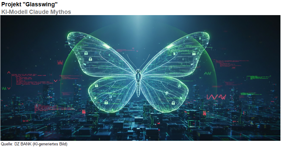 Das Bild zeigt einen digitalen Schmetterling, der über einer abstrakten Stadtlandschaft schwebt. Es enthält Elemente wie elektronische Schaltkreise und leuchtende Muster, die den Einfluss der Technologie und der Künstlichen Intelligenz symbolisieren.