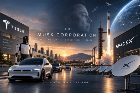 Das Bild zeigt eine futuristische Szene mit verschiedenen Elementen, die mit Technologieunternehmen in Verbindung gebracht werden. Im Vordergrund sieht man ein autonomes Auto und einen humanoiden Roboter, beides mit dem Tesla-Logo. Auf der rechten Seite befindet sich eine Rakete beim Start mit dem SpaceX-Logo sowie Starlink-Satellitenschüsseln. Im Hintergrund sind moderne Gebäude und eine fortschrittliche Stadtlandschaft zu sehen. Am Himmel ist das Gesicht eines Mannes eingeblendet. Hinweise auf Mobilität, Konnektivität und Raumfahrt sind deutlich zu erkennen. Das Bild vermittelt den Eindruck einer Zukunftsvision, in der verschiedene High-Tech-Firmen, die mit Elon Musk assoziiert werden, zusammenarbeiten.
